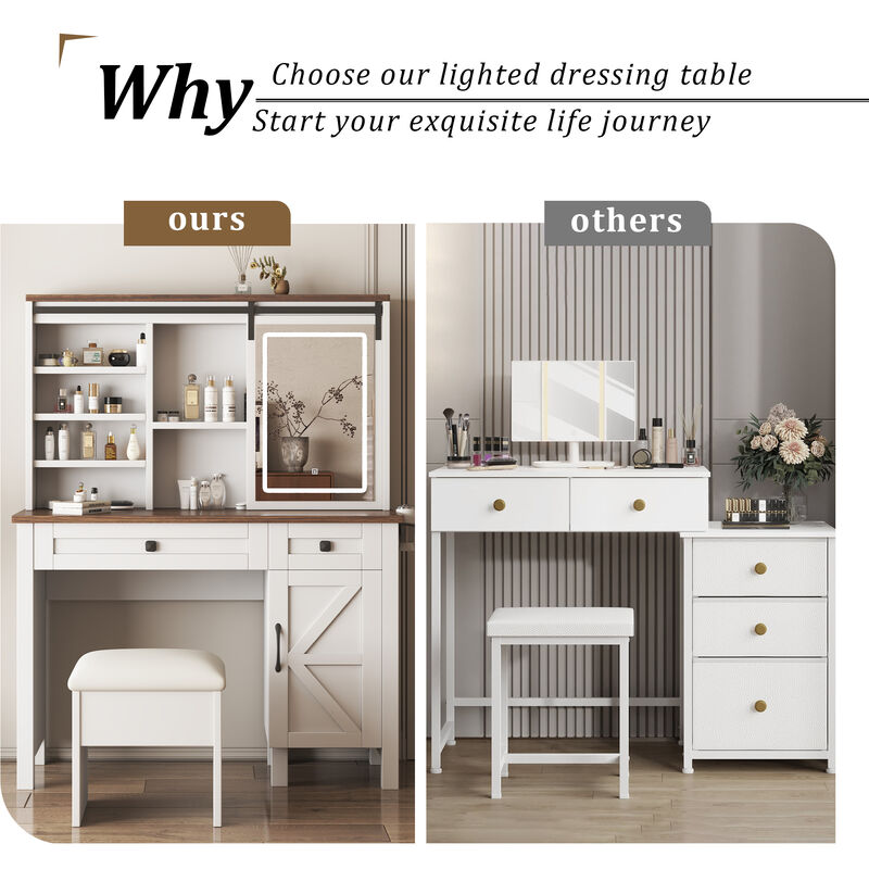 Large Vanity Desk with Lighted Sliding Mirror, Charging Station, Shelves & Drawers