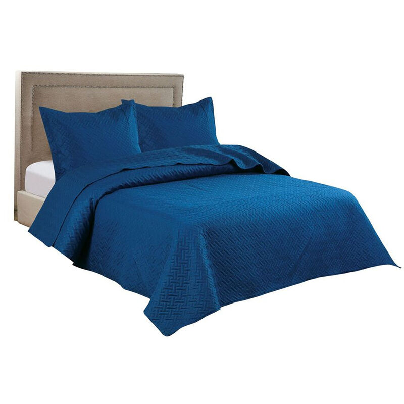 Legacy Decor 3 PCS Squared Stitched Pinsonic Reversible Lightweight All Season Bedspread Quilt Coverlet Oversized, Queen Size, Navy Color