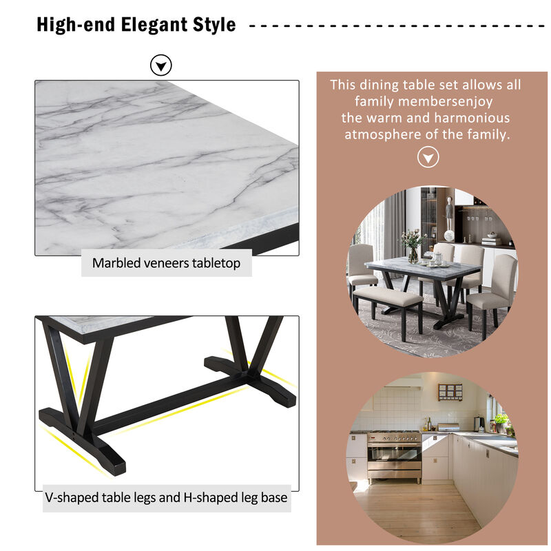 Merax Modern Style 6-piece Dining Table with Marbled Veneers Tabletop