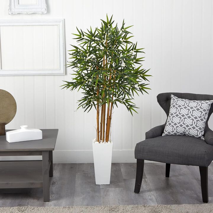 Hivvago 6 Feet Bamboo Artificial Tree in White Tower Planter