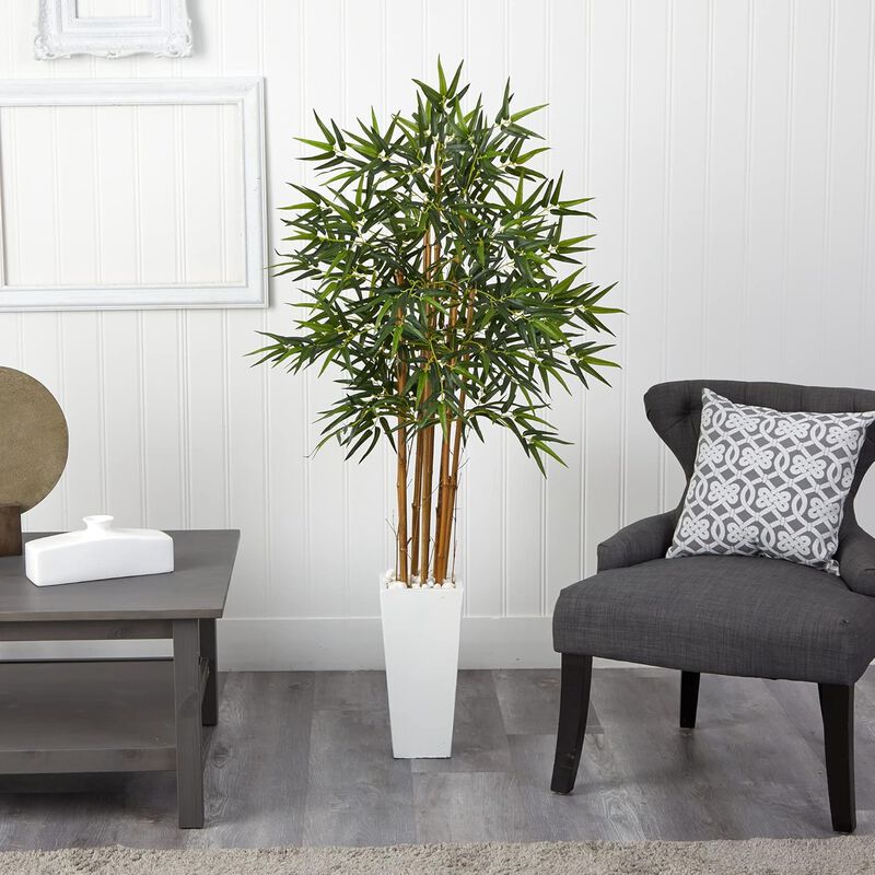 Hivvago 6 Feet Bamboo Artificial Tree in White Tower Planter