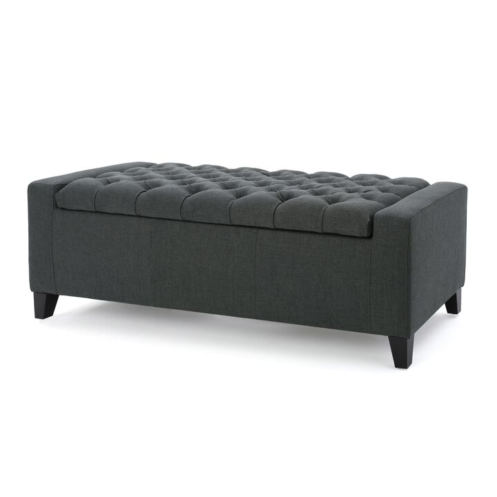 Storage Ottoman Bench, Dark Gray Fabric, Tufted Top, 51 Inch - Benzara