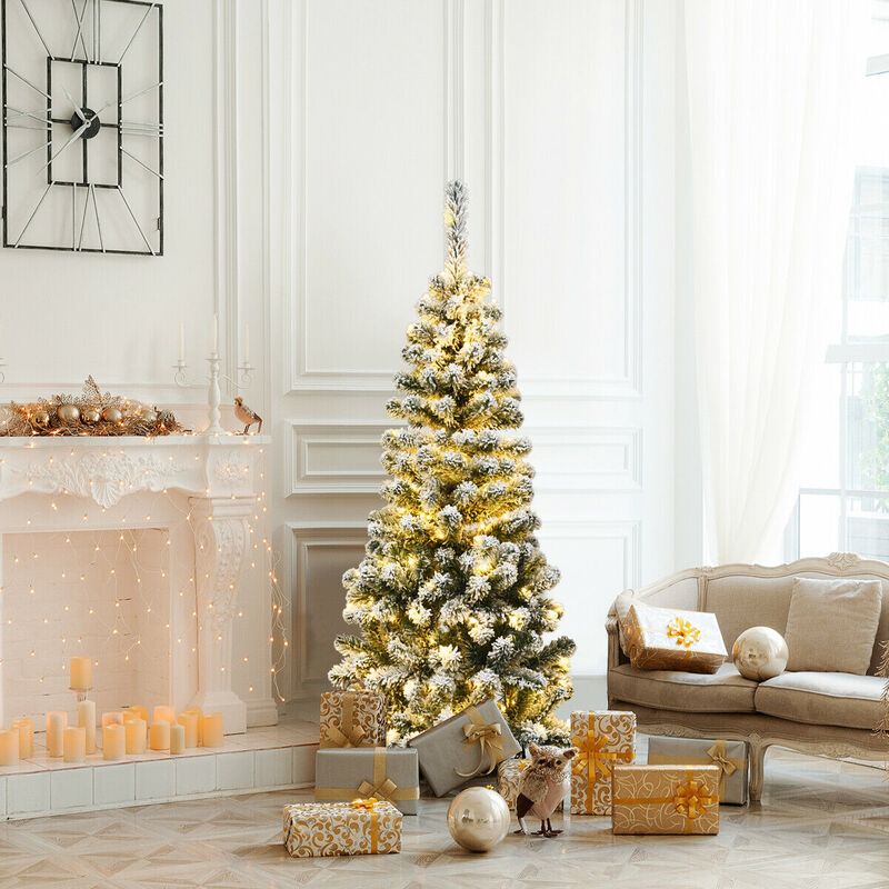 Pre-Lit Snow Flocked Pencil Christmas Tree for Festive, Space-Saving Holiday Decor with a Snowy Look
