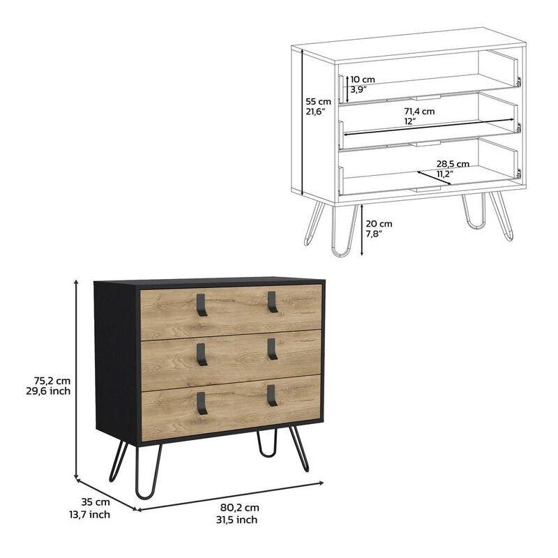 3-Drawer Dresser, Modern Chest of Drawers with Hairpin Legs and Metal Accents