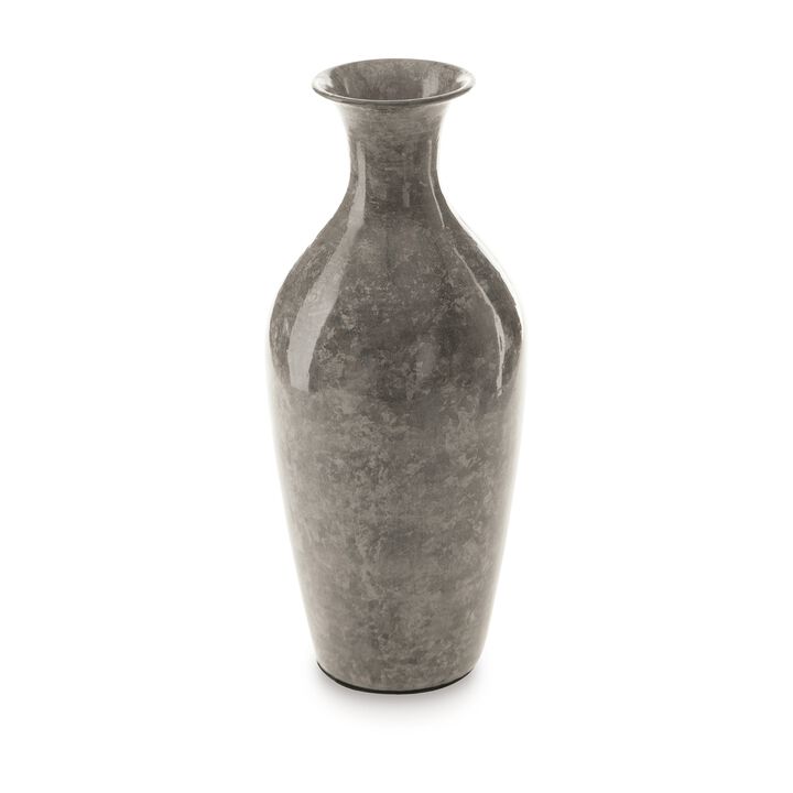 Rock 12 Inch Flower Vase, Decorative Thin Neck, High Gloss Gray Finish - Benzara