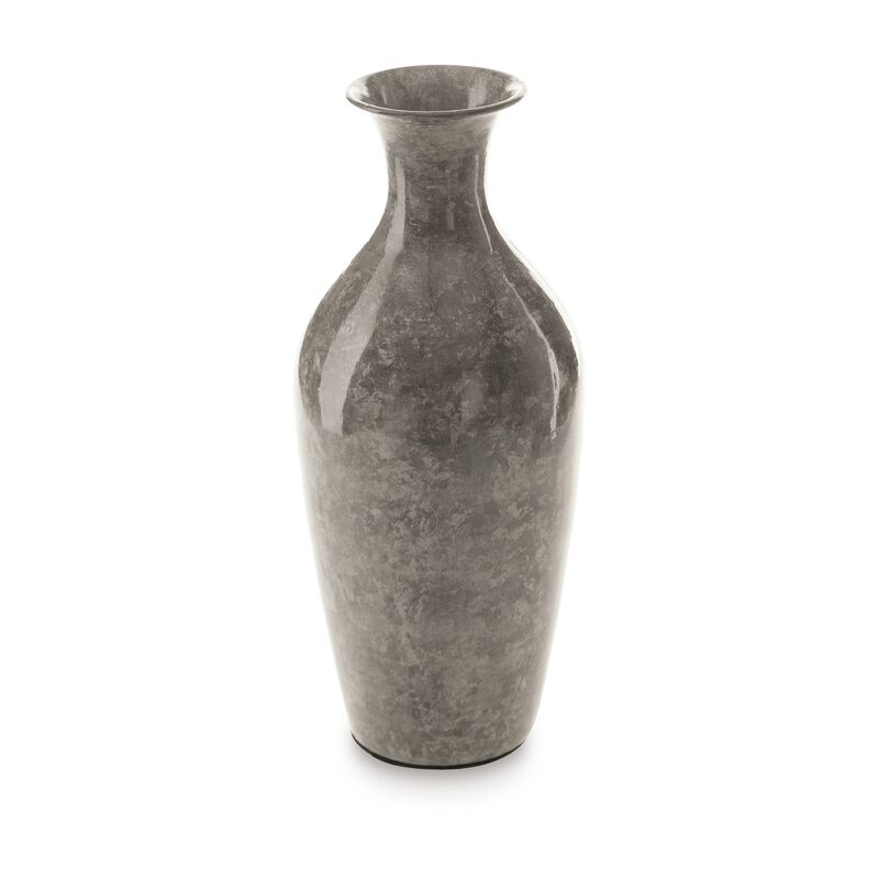 Rock 12 Inch Flower Vase, Decorative Thin Neck, High Gloss Gray Finish - Benzara
