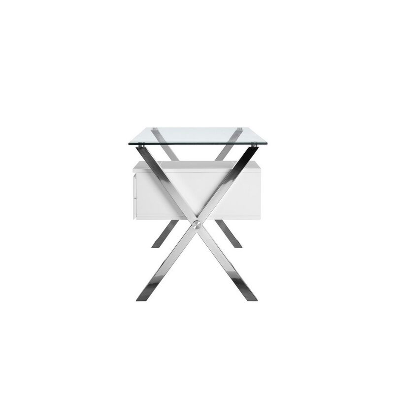 Tia 51 Inch Small Office Desk, Glass Tempered Top, 2 Drawers, White Finish - Benzara