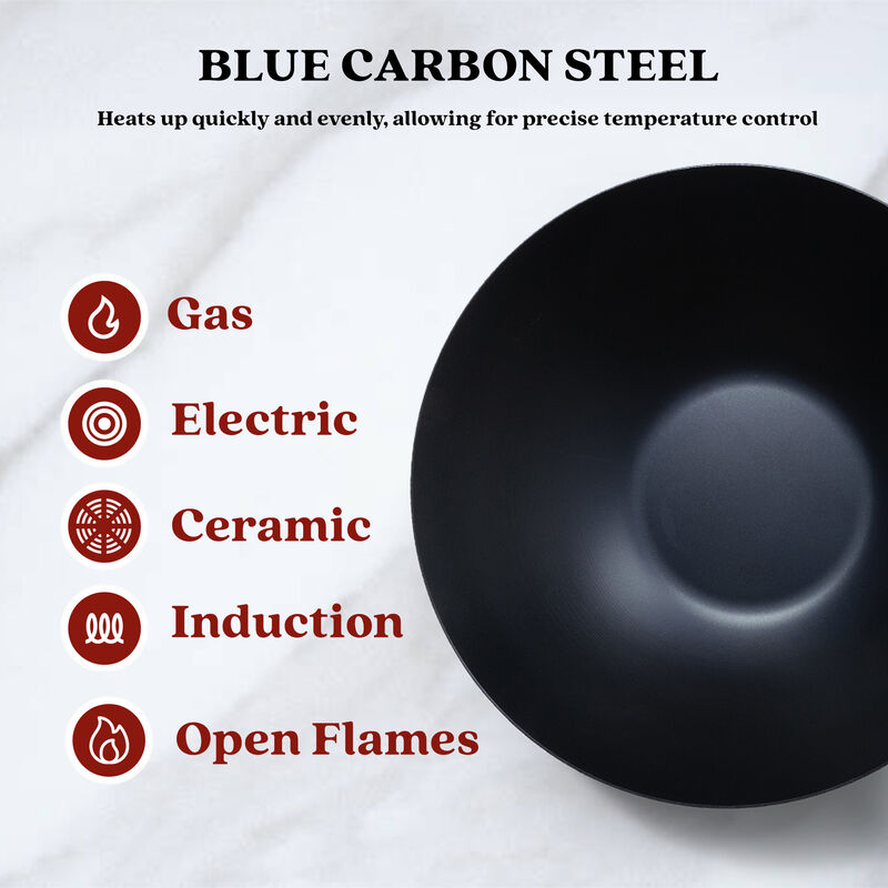 Alva Forest Carbon Steel Wok Pan 12" Pre-Seasoned with Natural Mineral Oil, Acacia Wood Stay Cool Handle Nonstick Stir-Fry Wok Pan, Non Toxic, Compatible with All Stovetops & Induction Safe
