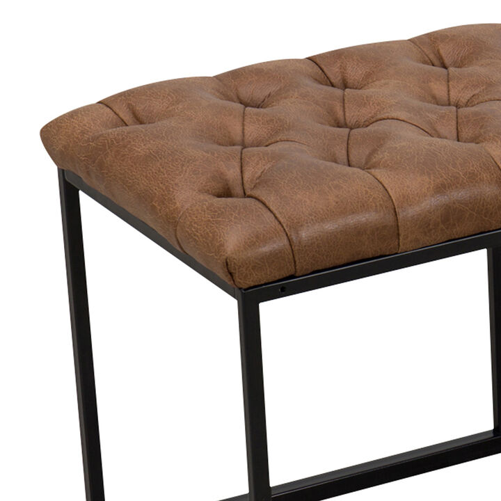Leatherette Upholstered Bench with Button Tufted Cushioned Seat and Metal Base, Brown-Benzara