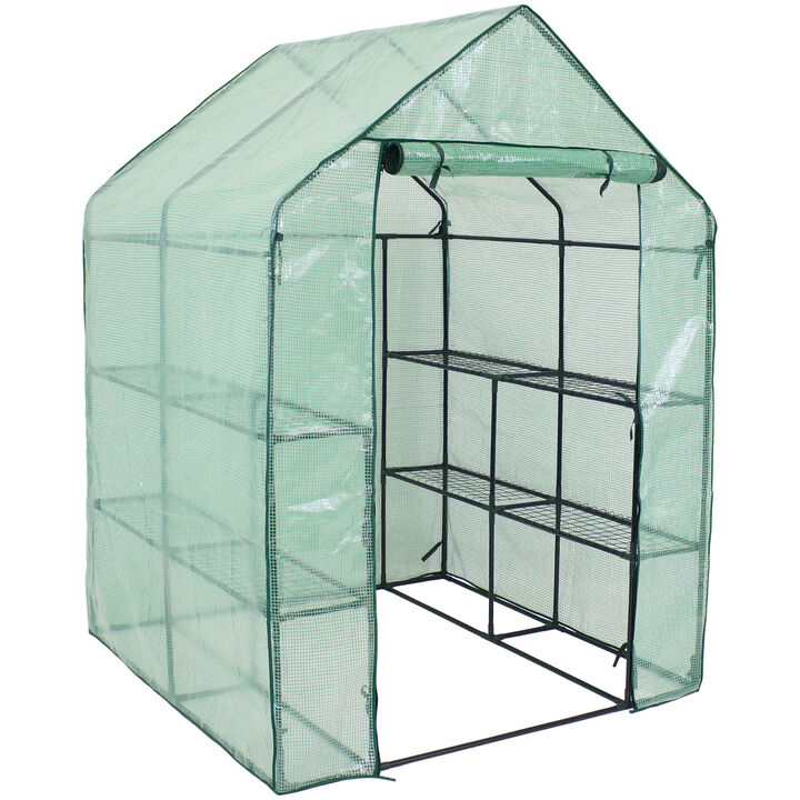 Sunnydaze Large Iron PE Cover Walk-In Greenhouse with 4 Shelves - Green
