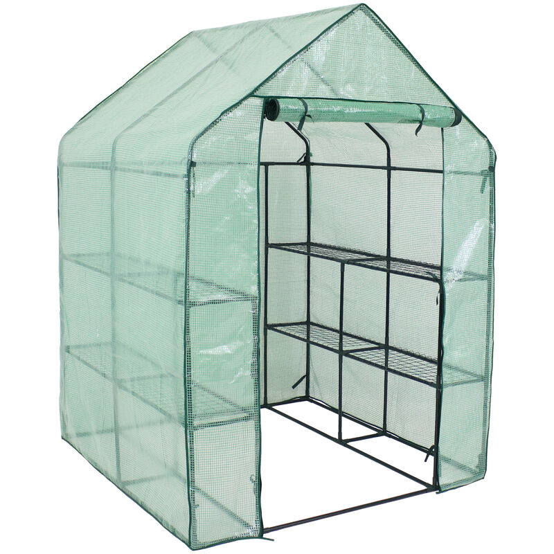 Sunnydaze Large Iron PE Cover Walk-In Greenhouse with 4 Shelves - Green