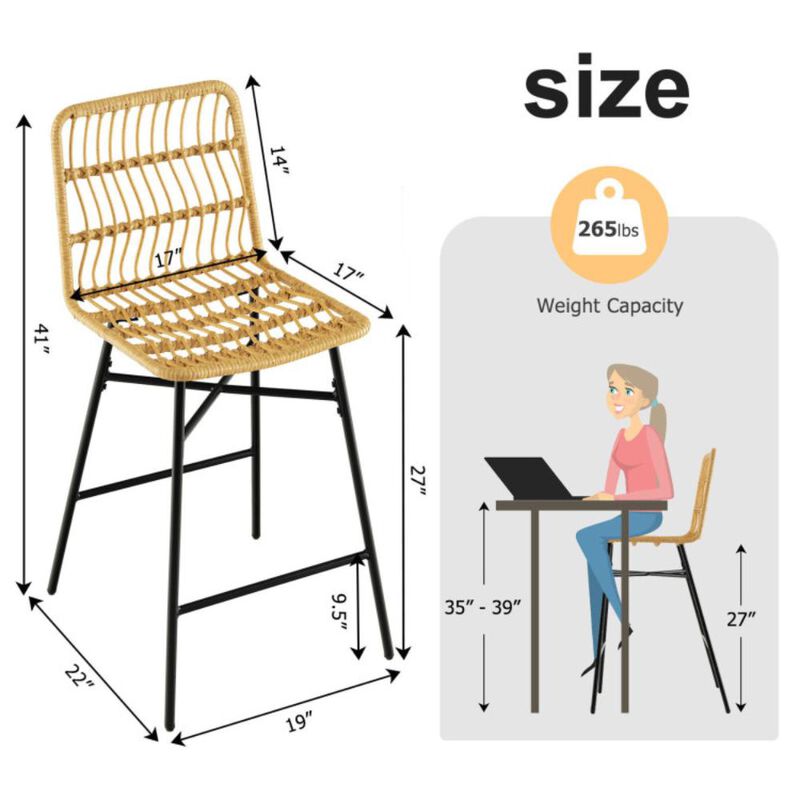 Hivvago Set of 2 Rattan Bar Stools with Sturdy Metal Frame-Yellow