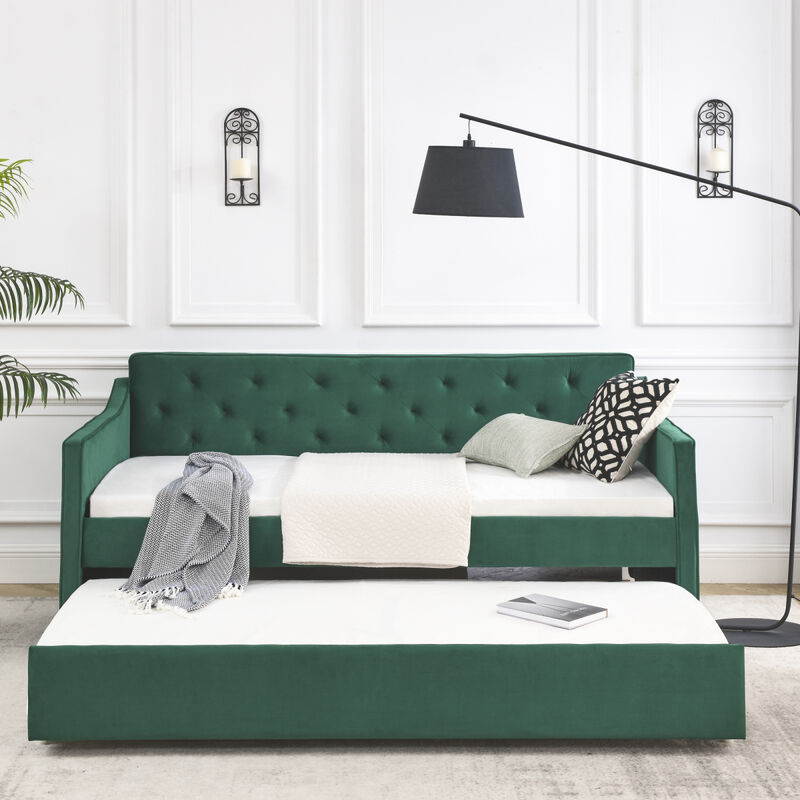 Tufted Twin Daybed with Trundle, Beige (80.5" x 44.5" x 33.5")