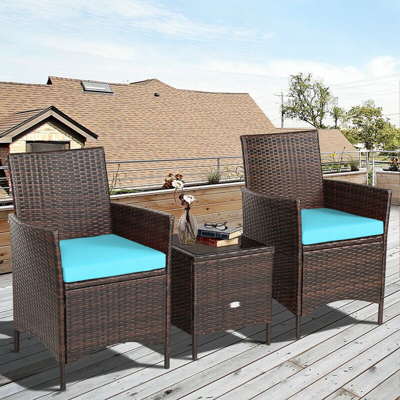 3 Pieces Patio Rattan Conversation Set with Glass Top Coffee Table and Cushions