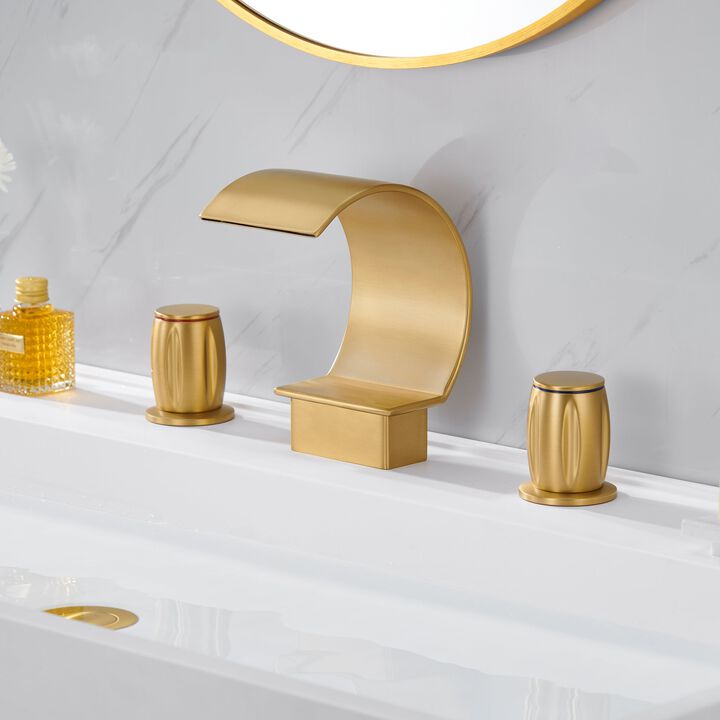 Mondawe Luxury C-Shape Arc Waterfall Spout 2-Handle 8 inch Widespread Bathroom Sink Faucet With Pop-up Drain in Brushed Nickel