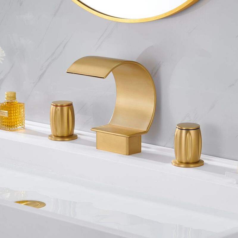 Mondawe Luxury C-Shape Arc Waterfall Spout 2-Handle 8 inch Widespread Bathroom Sink Faucet With Pop-up Drain in Brushed Nickel