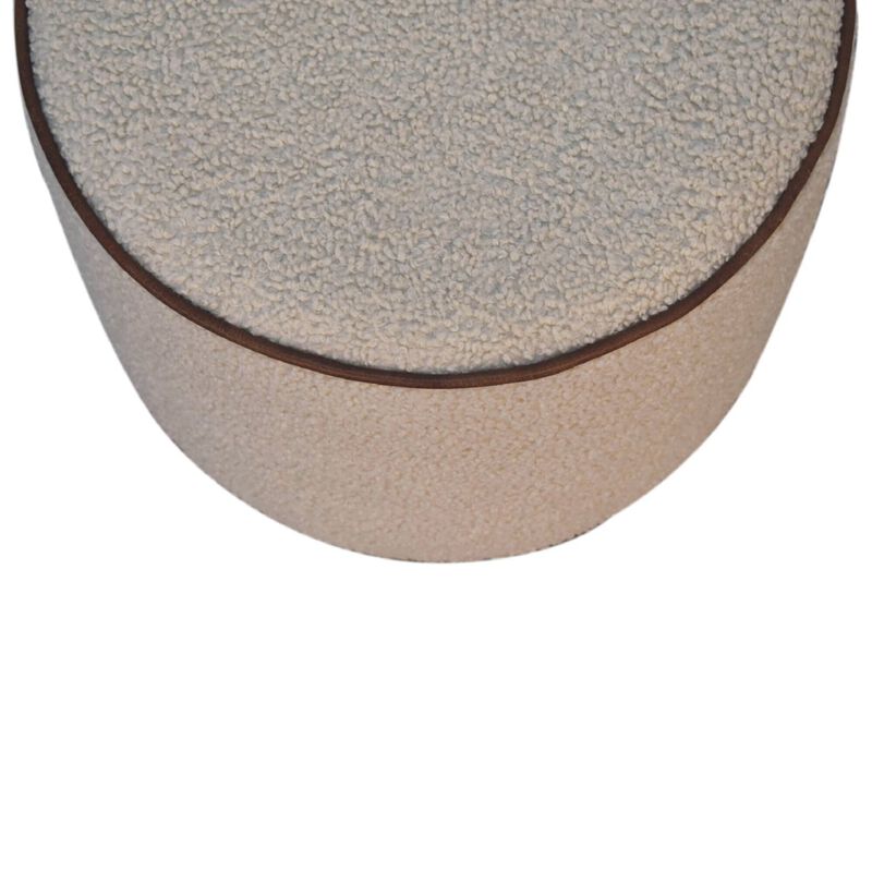 Solid Wood Boucle Round Footstool with Bufallo Leather Piping