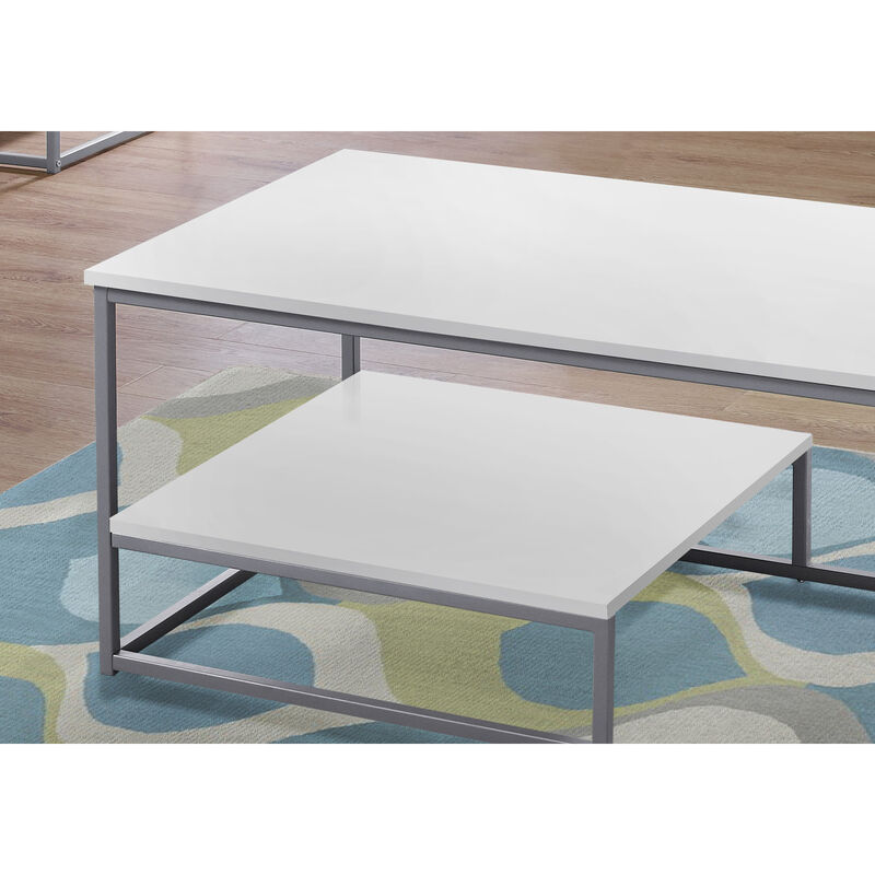 Monarch Specialties I 7961P Table Set, 3pcs Set, Coffee, End, Side, Accent, Living Room, Metal, Laminate, White, Grey, Contemporary, Modern