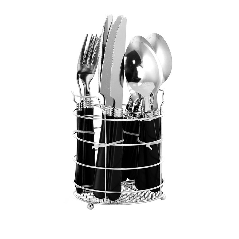 Gibson Sensations II 16 Piece Stainless Steel Flatware Set with Black Handles and Chrome Caddy