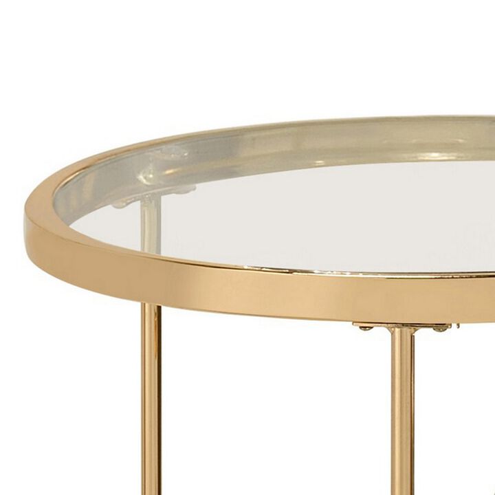 23 Inch Round Nesting Tables, Glass, Metal Base, Set of 2, Gold, Clear-Benzara