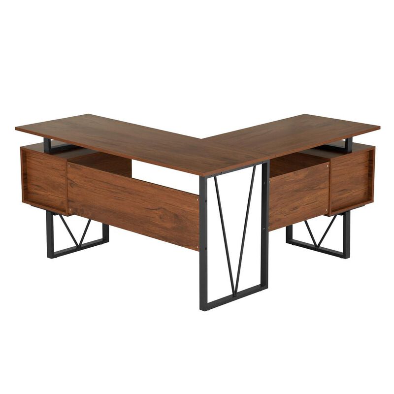 Techni Mobili Reversible L-Shape Computer Desk, Drawers and File Cabinet, Walnut