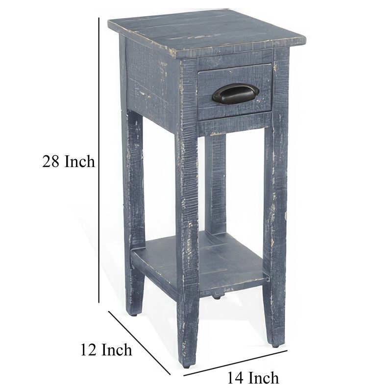 Rena Chairside Table with Drawer and Shelf, 14 Inch Blue Mahogany Wood - Benzara