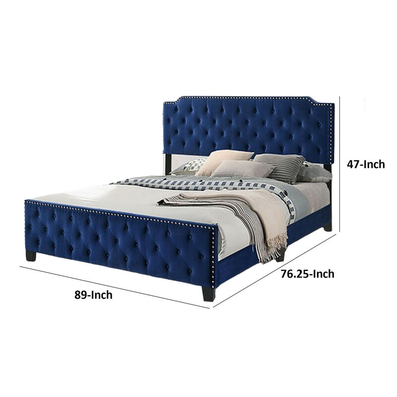 Agapi California King Bed, Button Tufted, Nailhead Trim, Navy Upholstery - Benzara