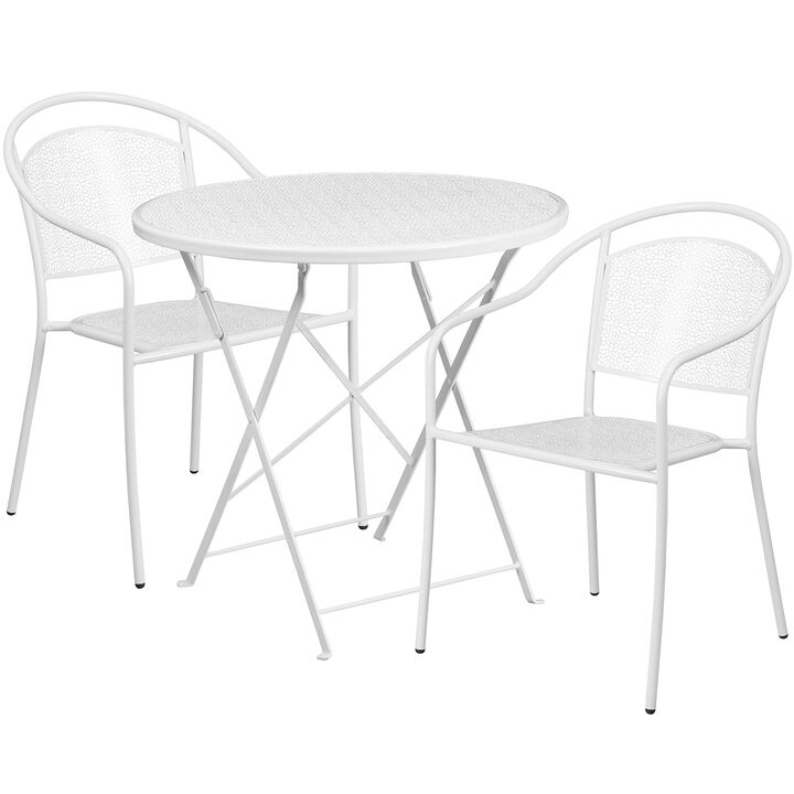 Flash Furniture Commercial Grade 30" Round White Indoor-Outdoor Steel Folding Patio Table Set with 2 Round Back Chairs