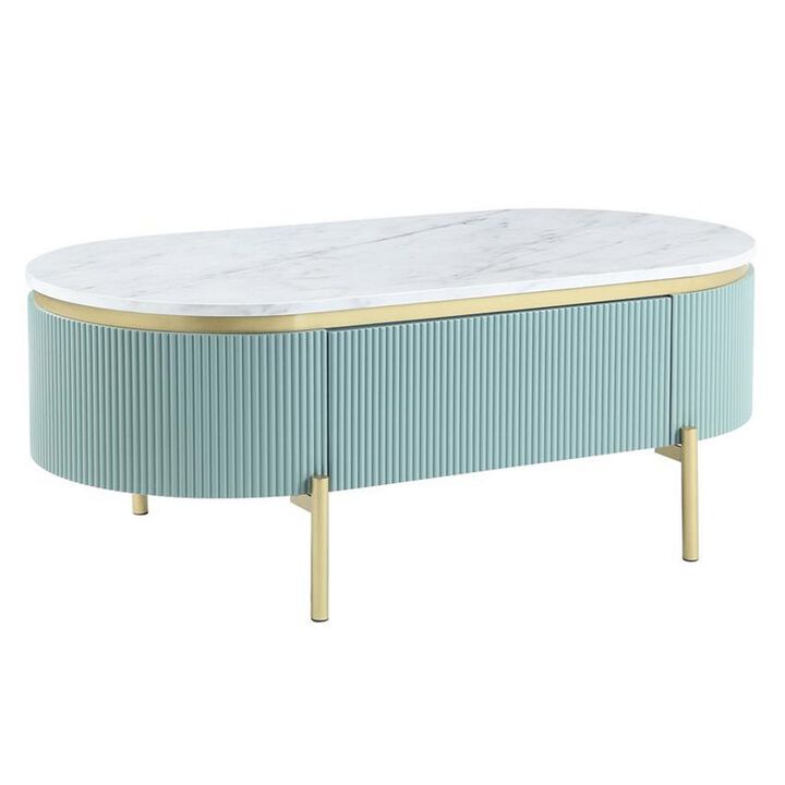 Ville 48 Inch Oblong Coffee Table, White Faux Marble Top, Teal Reeded Edges-Benzara