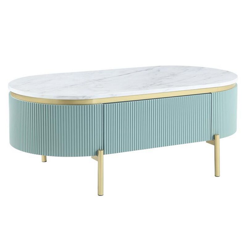 Ville 48 Inch Oblong Coffee Table, White Faux Marble Top, Teal Reeded Edges-Benzara