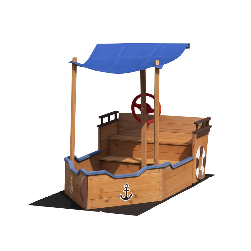 Wooden Pirate Ship Sandbox with Storage Bench & Cover