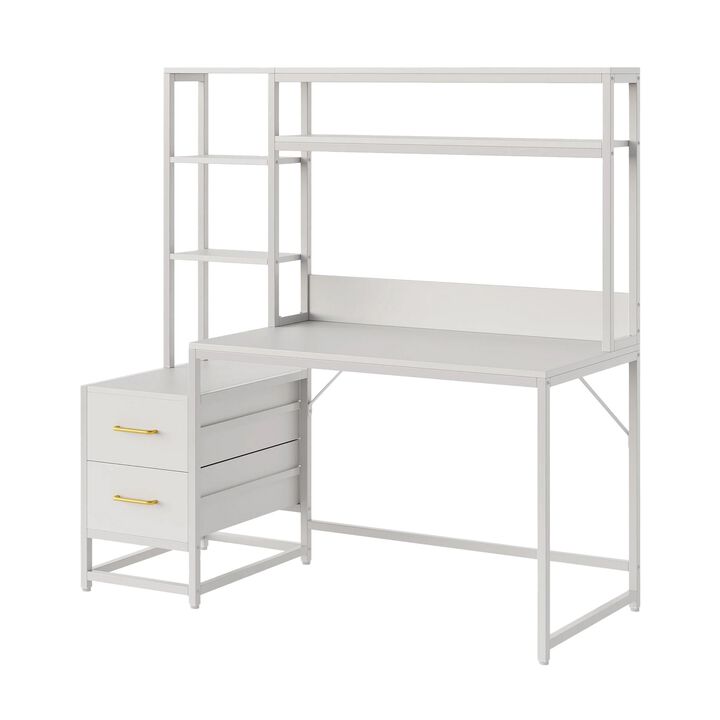Computer Desk, 2 Drawers, Open Shelf Hutch, White Metal, 60 Inch - Benzara