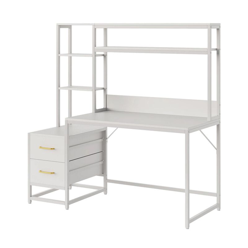Computer Desk, 2 Drawers, Open Shelf Hutch, White Metal, 60 Inch - Benzara