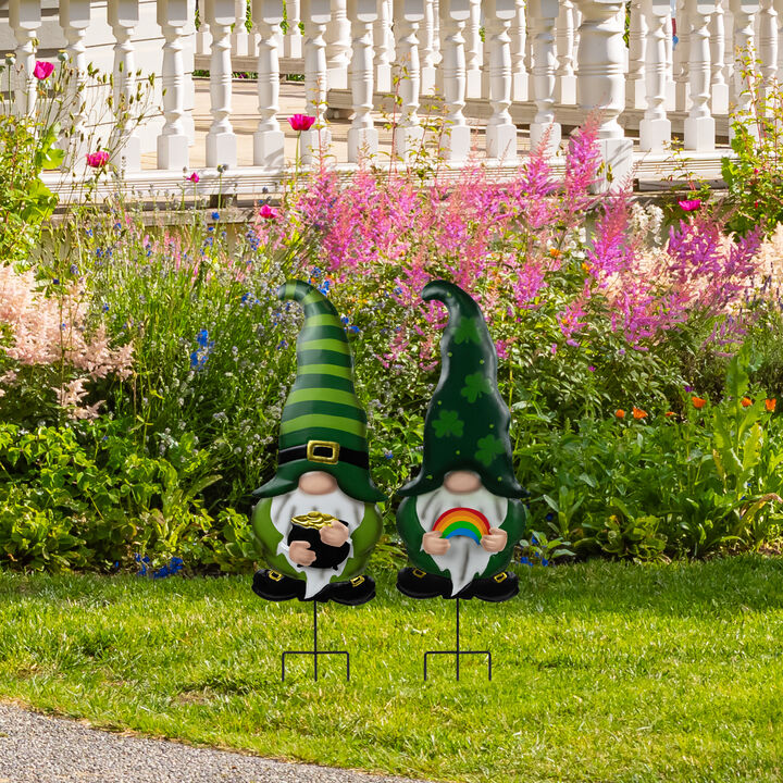 Pot of Gold and Rainbow St Patrick's Day Gnomes Outdoor Garden Stakes - 27.5" - Set of 2