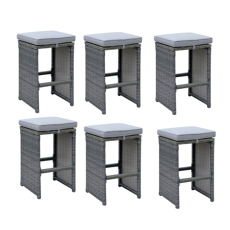 6 Piece Patio Bar Stool In Aluminum Wicker Frame And Padded Fabric Seat, Gray-Benzara