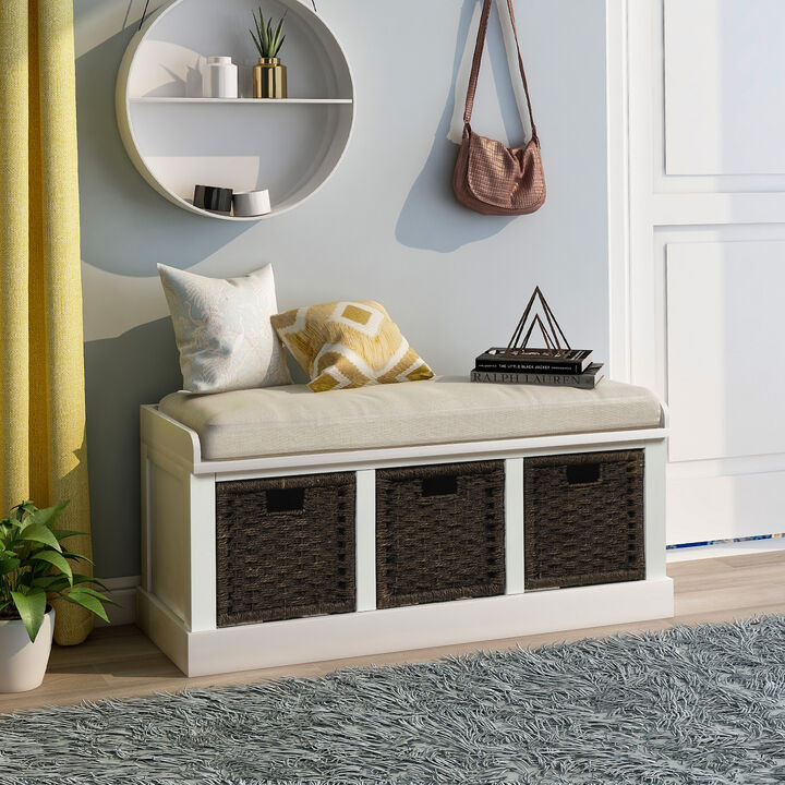 Rustic Storage Bench With 3 Removable Classic Rattan Basket, Entryway Bench