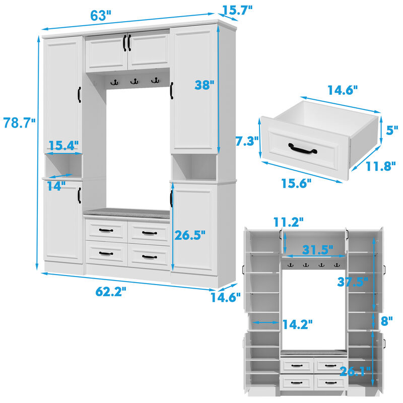 Hall Tree with Bench, 6 Cabinets and 4 Drawers, Entryway Bench with 4 Coat Racks, Entryway Cabinet with 6 Doors and Adjustable Shelves, for Entryway Hallway, 15.7”D x 63”W x 78.7”H, White