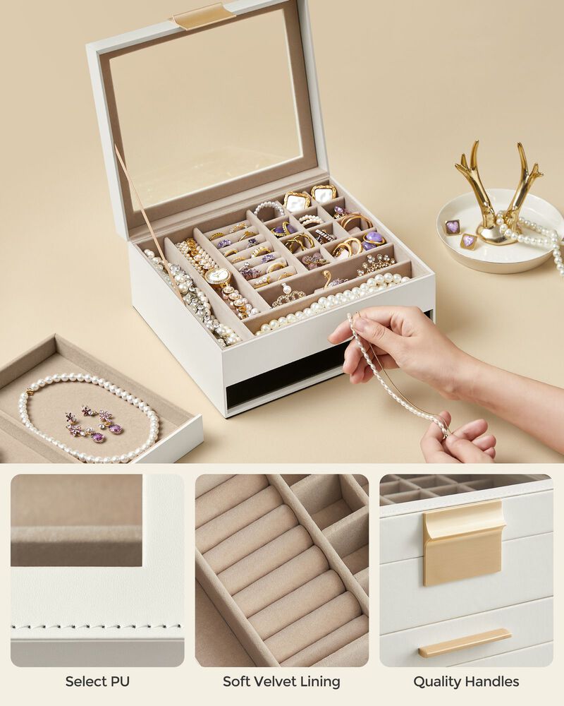Elegant 2-Layer Jewelry Box with Glass Lid and 1 Drawer - Perfect Gift for Loved Ones