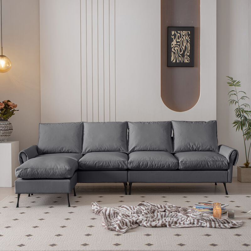 Technical Leather L-Shaped Sectional Sofa with Convertible Ottoman, Modern Couch for Living Room