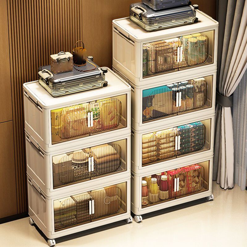 3-Tier Folding Storage Cabinet, Plastic Storage Bins with Magnetic Doors & Wheels for Closet and Home Organization