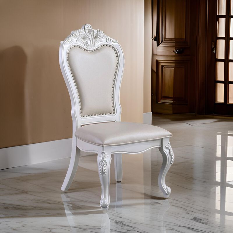 Zenie Dining Side Chair Set of 2, Carved Cabriole, Faux Leather, White Wood