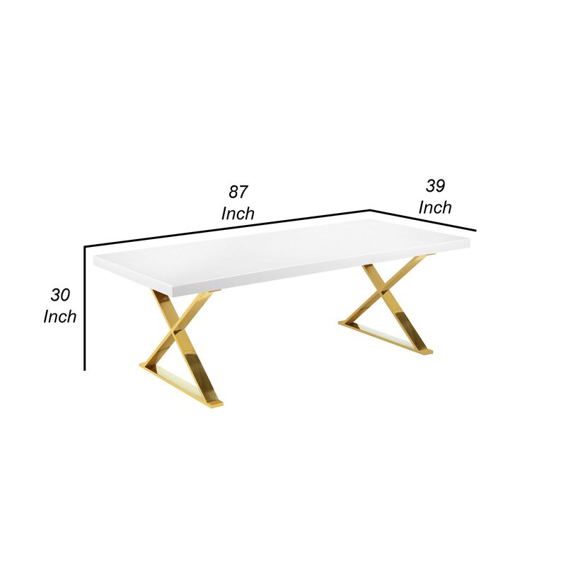 Rix 87 Inch Dining Table, Rectangular White Top, Gold Finished Metal Base - Benzara