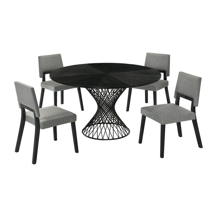 Dining Set of 5 with Round Table and 4 Chairs, Charcoal Fabric, Black - Benzara
