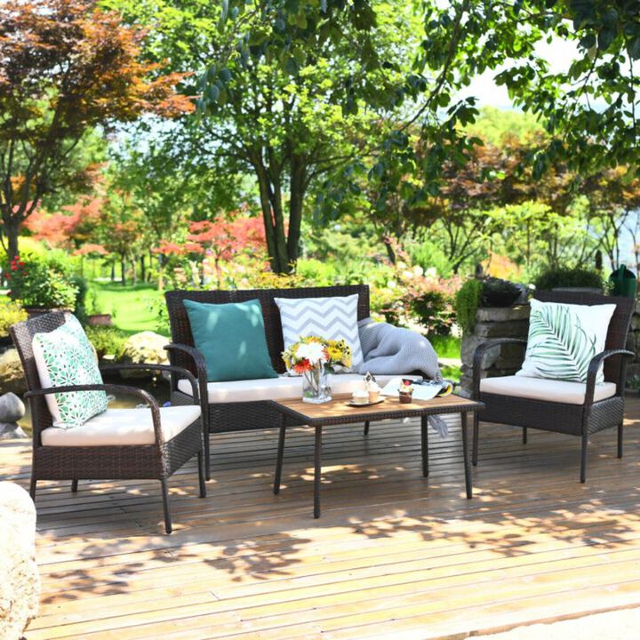 Hivvago 4 Pieces Patio Cushioned Wicker Conversation Set with Acacia Wood Tabletop
