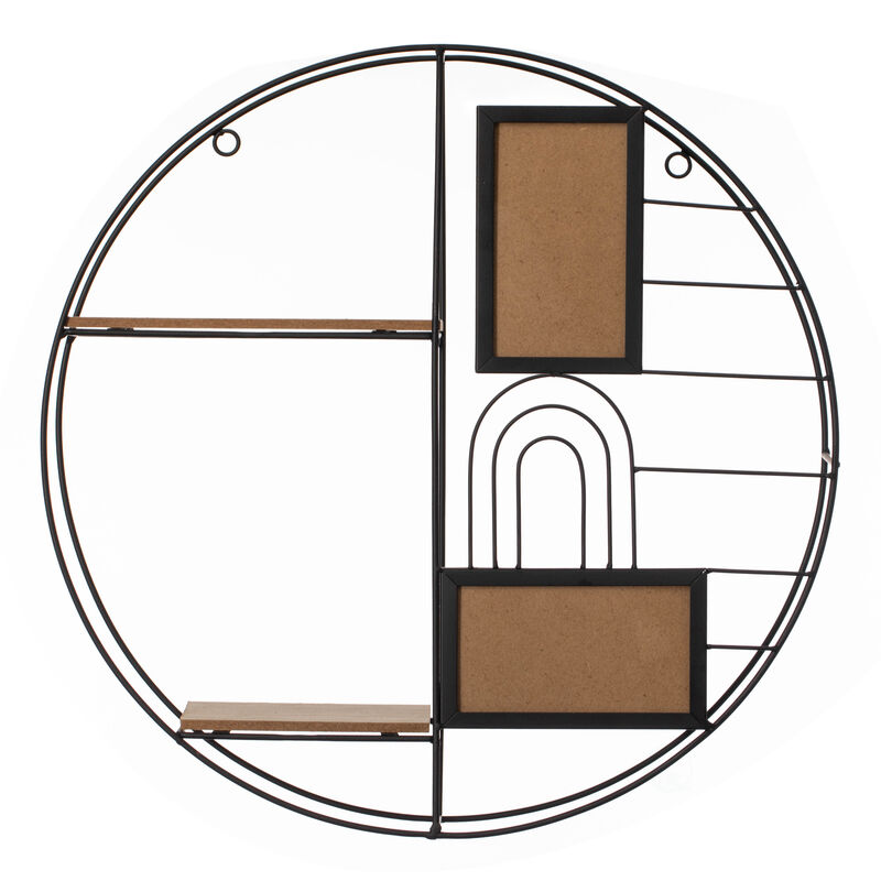 Vintiquewise 2-Tier Decorative Floating Circular Silhouette Wall Shelf with 2 Photo Frames - Circular Metal and Wood Wall-Mounted Shelf for Entryway, Bathroom, Bedroom, and Living Room Decor, Black