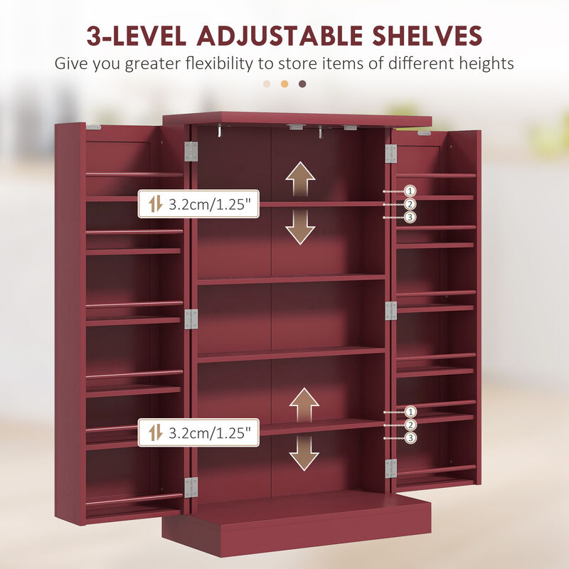 HOMCOM 41" Kitchen Pantry with 12 Spice Racks and Adjustable Shelves Red