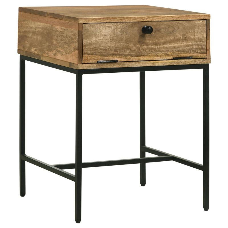 Benjara 24 Inch End Table with Slender Iron Base, Honey Mango Wood Frame, Brown and Black