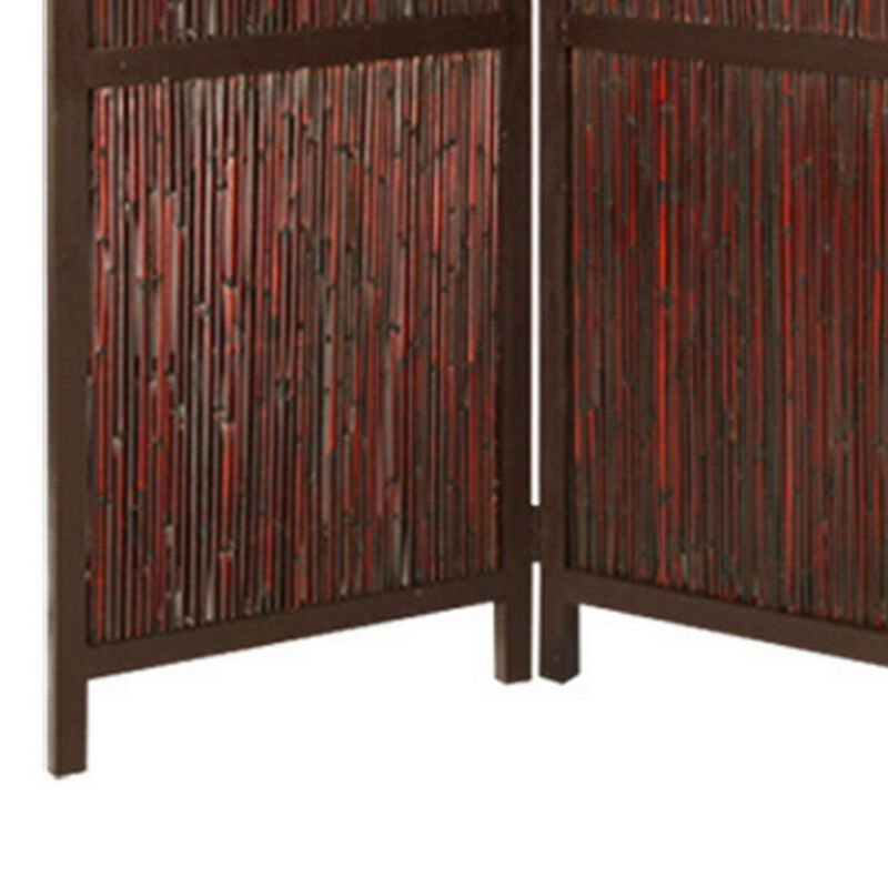 72 Inch 3 Panel Privacy Screen, Hardwood Frame, Bamboo Strips, Brown, Red-Benzara