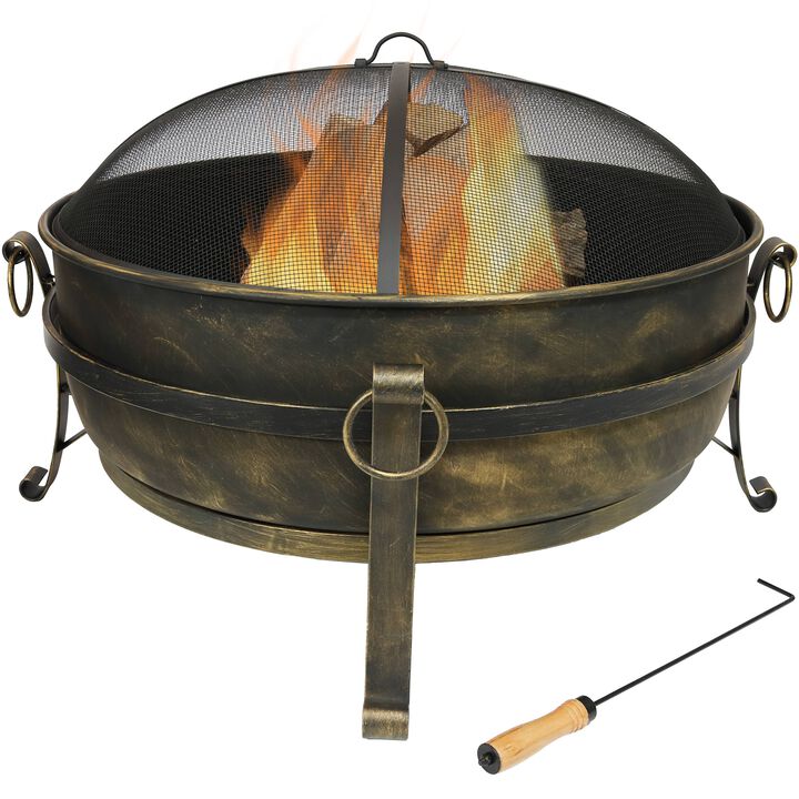 Sunnydaze Cauldron Steel Fire Pit with Spark Screen, Poker, and Grate