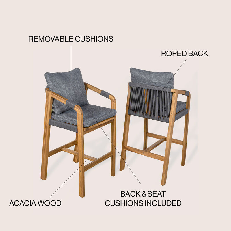 Porto Modern Coastal Tub Roped Acacia Wood Outdoor Bar Stool with Cushions and Armrests